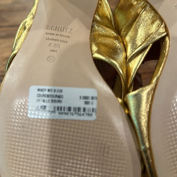 Schutz Mindy Mid Block Gold Metallic Leather Sandals Sz8.5 - Picture 6 of 11